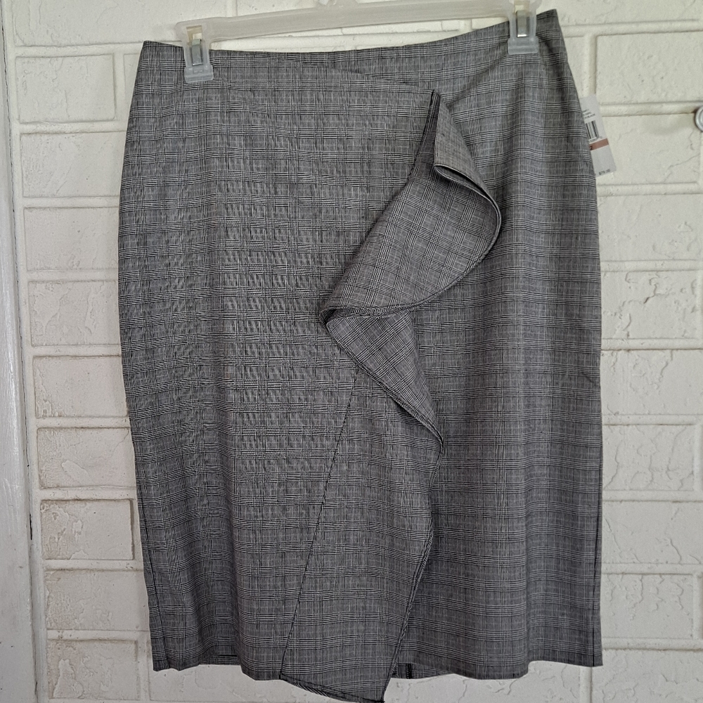 1 State Black and white lined skirt has asymmetrical ruffle